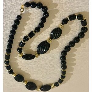 Vintage Blue Beaded Statement Necklace Gold Spacers Chunky Retro Beads